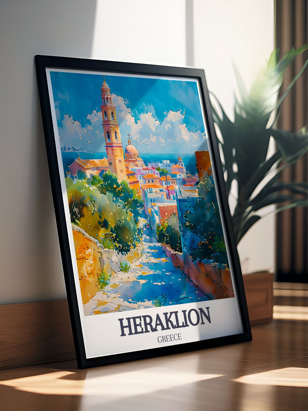Travel poster of the Agios Minas Cathedral in Heraklion, Crete, Greece, showcasing its historical significance and architectural beauty. The detailed illustration captures the cathedrals grandeur and cultural importance, making it ideal for any travel enthusiast.
