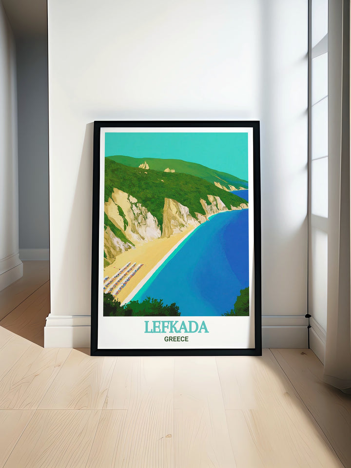 Lefkada Art Poster featuring Egremni Beach brings the beauty of Greece into your home with stunning colors and vibrant detail perfect for anyone looking to add a Greece Island Print or Greece Travel Poster to their living room or bedroom decor