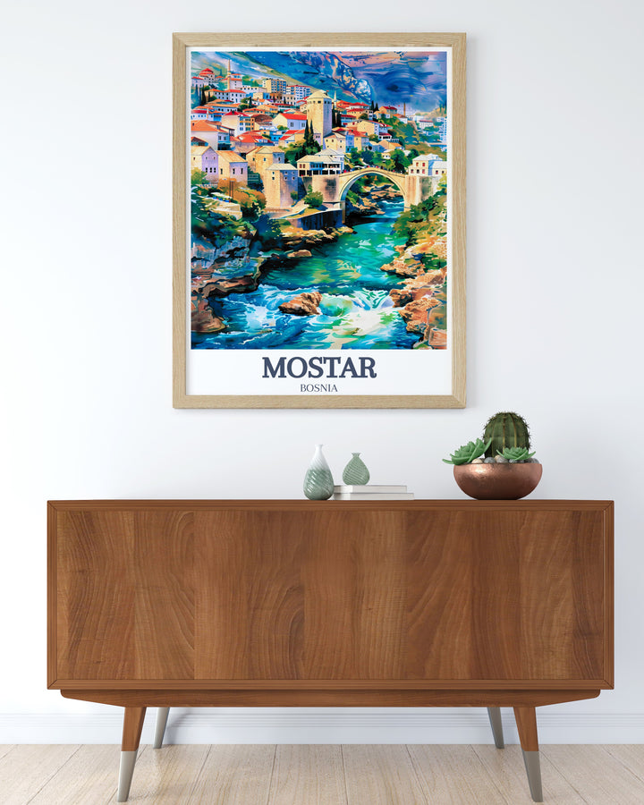 Mostar Travel Poster with Neretva River and Kriva Cuprija ideal for adding cultural and historical charm to your living space