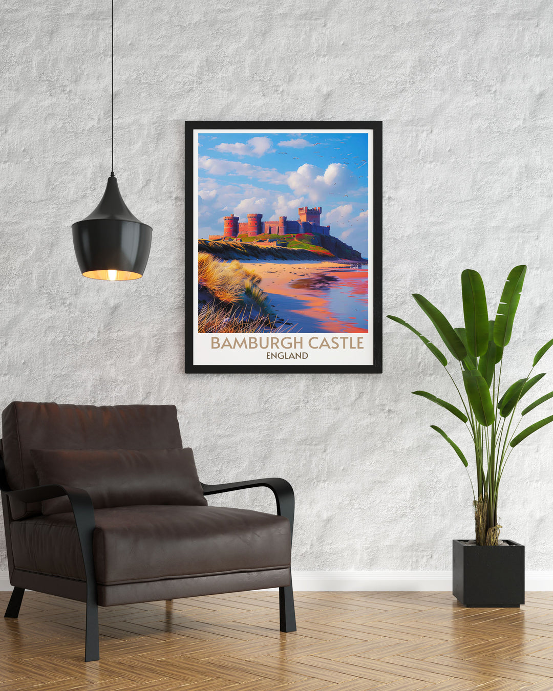 National Park poster of Bamburgh Castle set against the backdrop of Northumberlands natural beauty, ensuring vivid colors and detailed imagery.