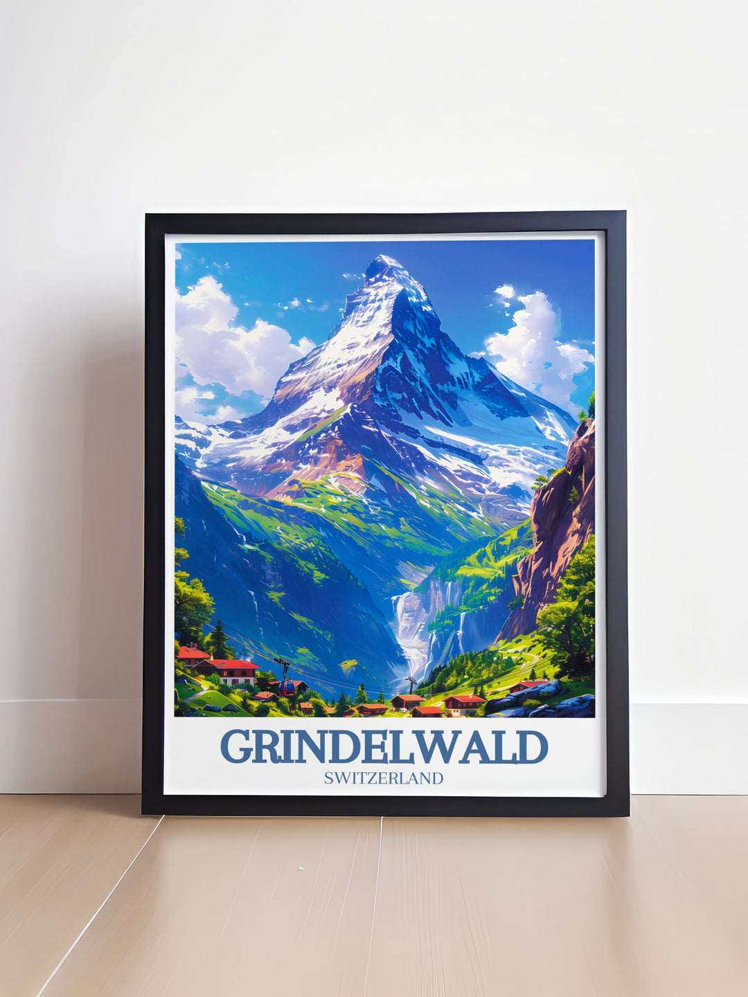 A detailed art print of Eiger mountain Grindelwald First capturing the essence of the Swiss Alps. This Grindelwald First artwork showcases the natural beauty and tranquility of the mountain village making it a perfect gift.