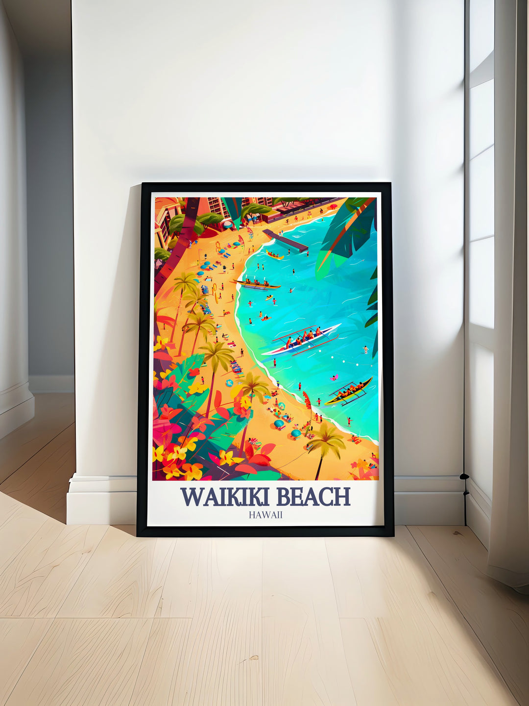 Waikiki Beach Travel Print showcases the iconic Hawaiian shoreline, offering a glimpse of the Pacific Oceans tranquil beauty. This print is perfect for anyone seeking to relive memories of their Hawaiian adventures or for those who dream of visiting this famous tropical paradise.