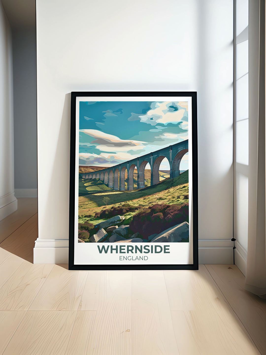 Timeless framed art depicting the serene beauty of the Ribblehead Viaduct, Yorkshire. The vibrant colors and detailed illustrations highlight the historic engineering marvel, making it a perfect addition to any room.
