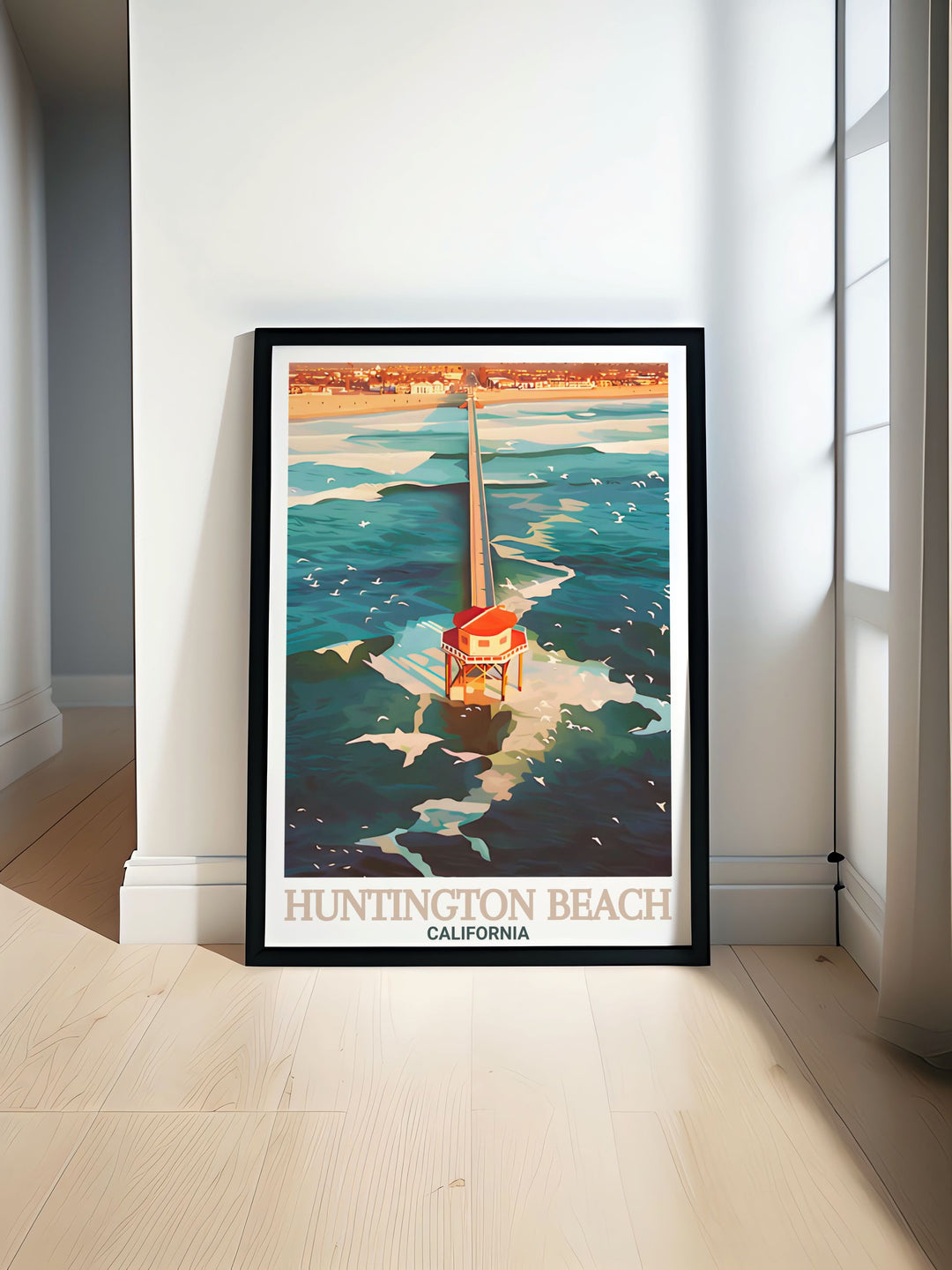 This travel print of Huntington Beach Pier captures the essence of Californias beach culture. A great addition to any space, it brings a touch of sunshine and surf, making it the perfect piece for those who dream of the coast.