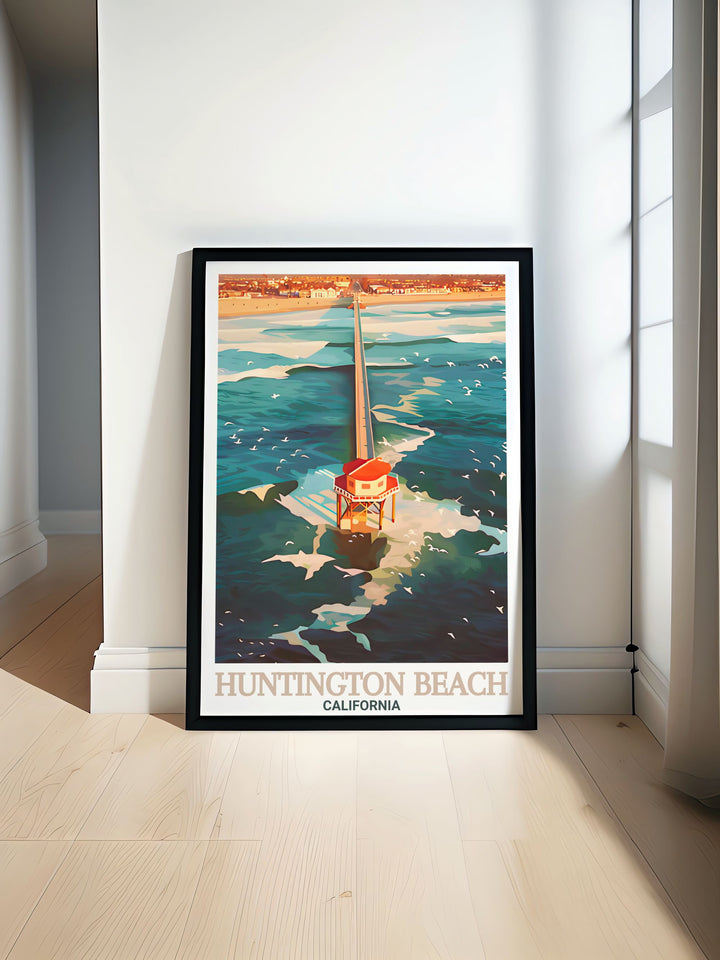 This travel print of Huntington Beach Pier captures the essence of Californias beach culture. A great addition to any space, it brings a touch of sunshine and surf, making it the perfect piece for those who dream of the coast.