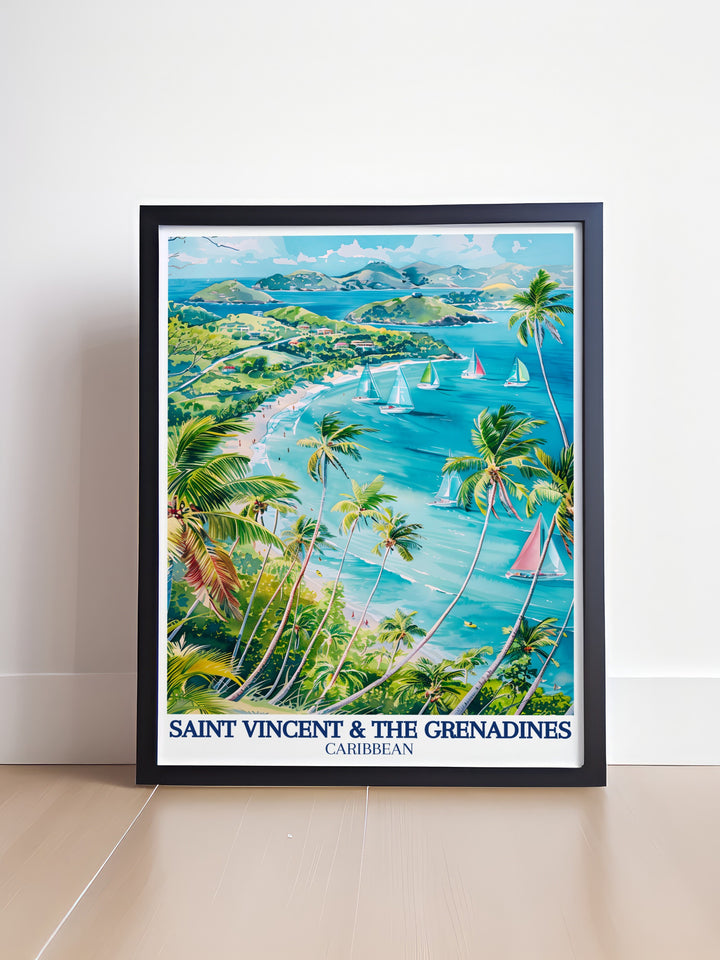 Featuring the vibrant hues of the Caribbean Sea, this Saint Vincent print is a striking piece of island inspired décor. The artwork captures the stunning views of the island, framed by the clear waters and blue skies, ideal for coastal interiors.