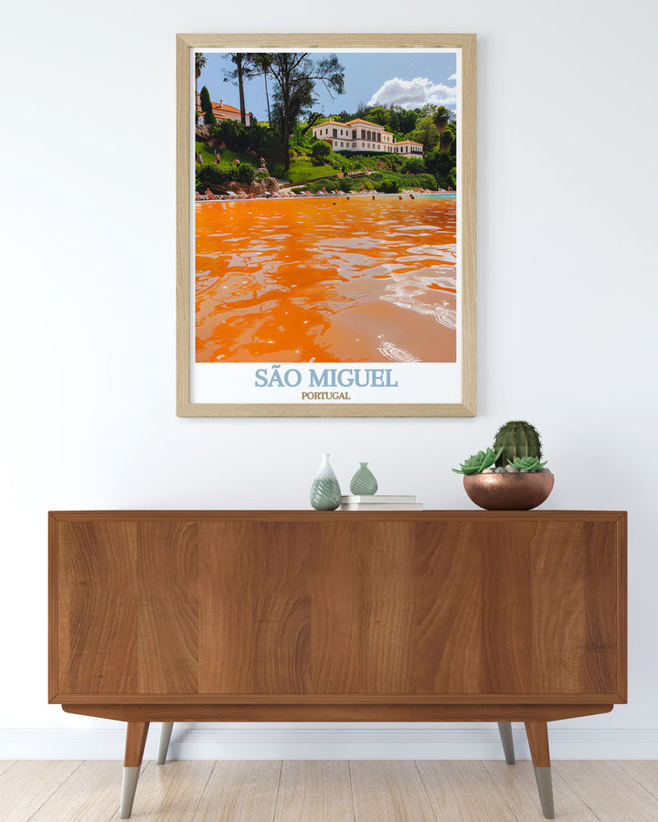 A detailed travel poster of São Miguels Terra Nostra Park, showcasing the vibrant greenery and historic charm of one of Portugals most famous botanical gardens, ideal for enhancing any room.