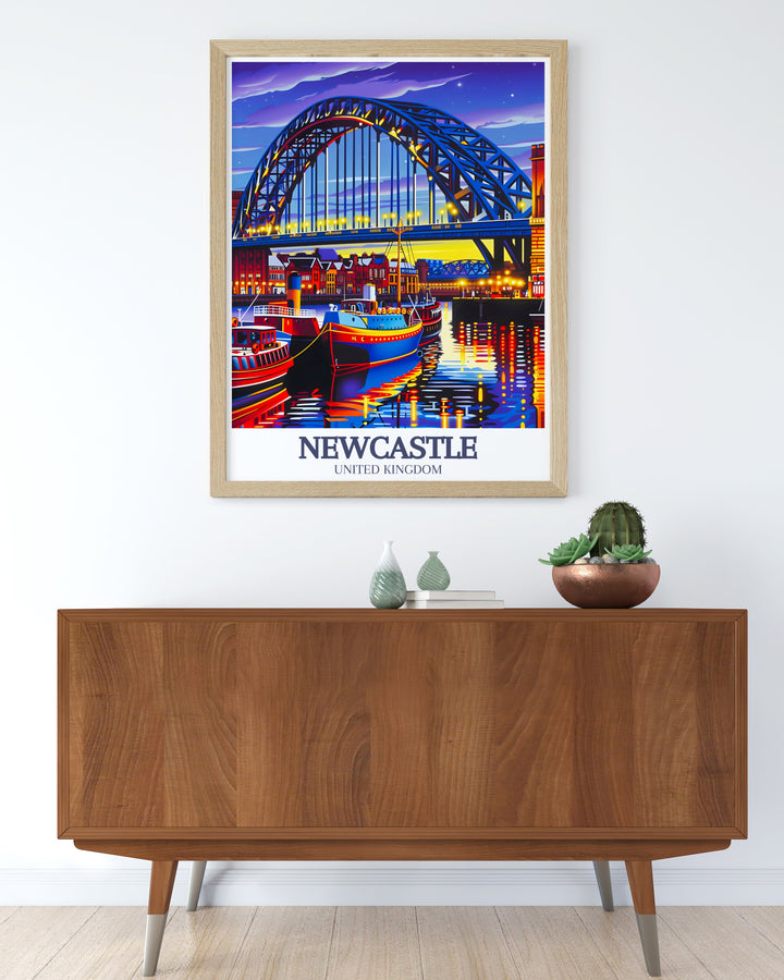 Add a touch of Newcastle charm to your walls with this print of the Tyne Bridge and Quayside district. This framed art is a great way to bring the beauty of Englands architecture into your home. Ideal for anyone looking for UK wall decor or unique Newcastle travel art.