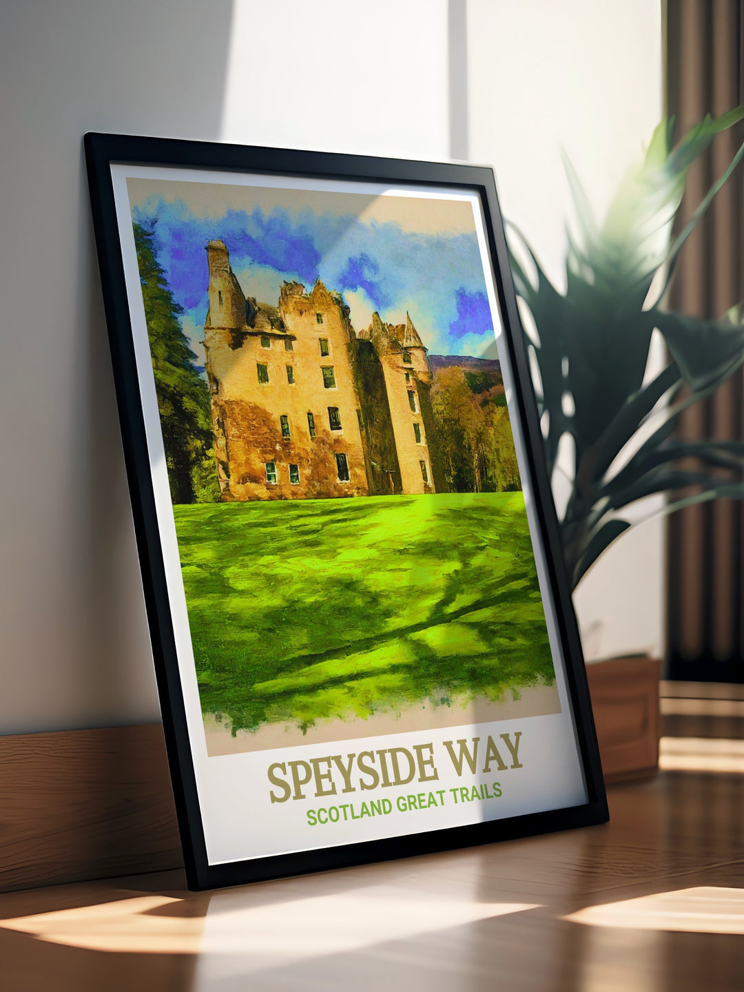 Ballindalloch Castle travel poster capturing the scenic significance and breathtaking views of this part of the Speyside Way. This artwork brings the dramatic scenery of Ballindalloch Castle into your home, perfect for those who dream of hiking adventures in Europe.