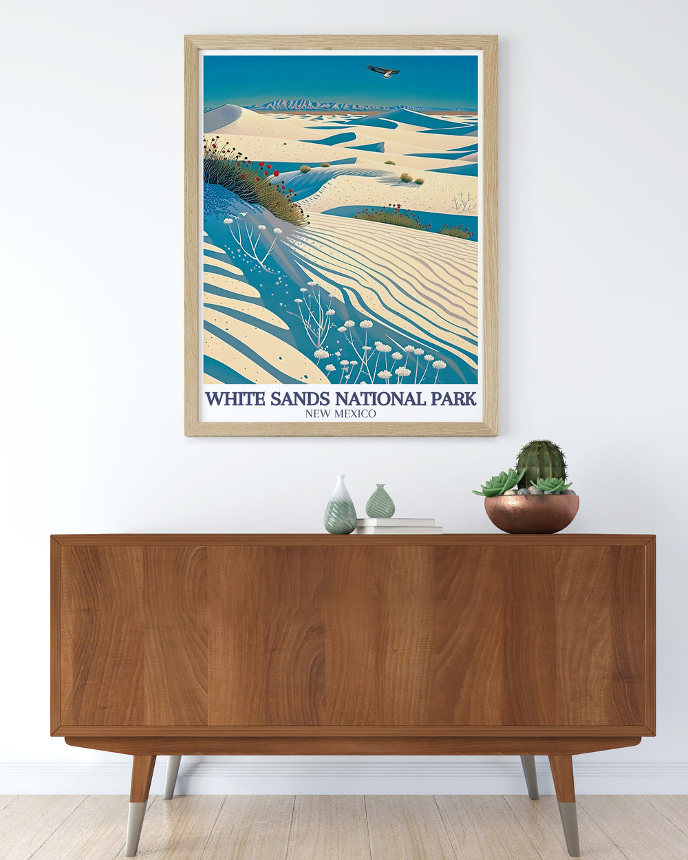 Elegant White Sands decor showcasing the majestic Sacramento Mountains and the beautiful Chihuahuan Desert a perfect addition to any living room decor modern art that captures the tranquil landscapes of White Sands National Park for a serene home environment.