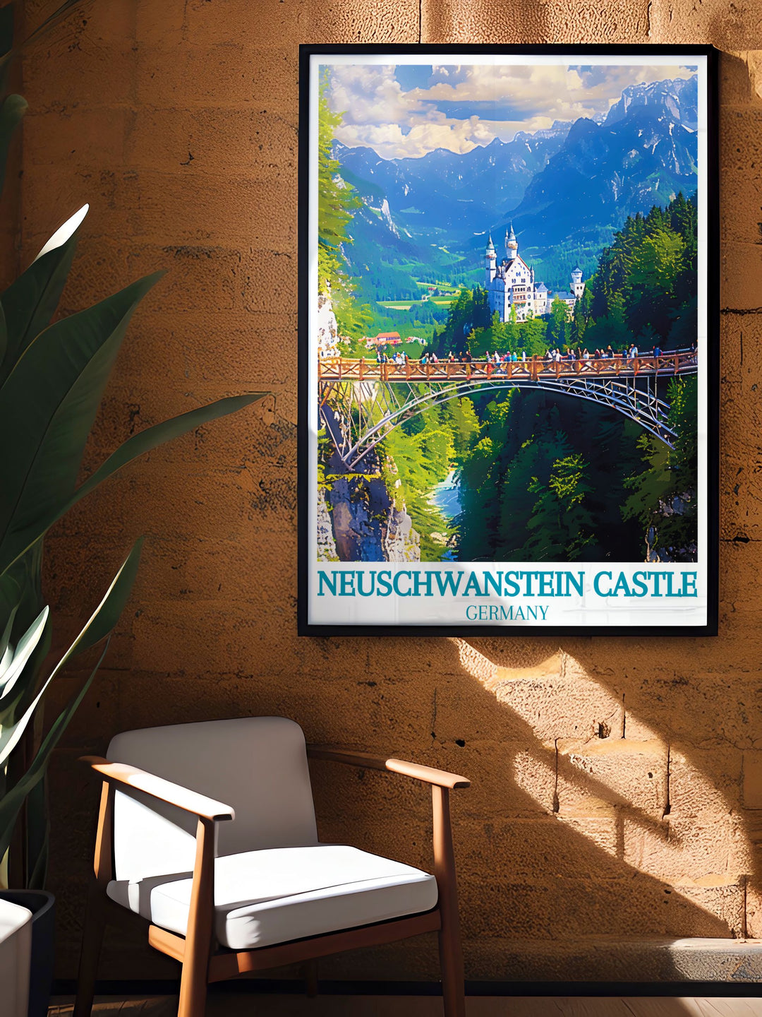Featuring Neuschwanstein Castles iconic architecture and the stunning views from Marienbrücke, this poster captures the essence of Bavarias heritage and scenic charm, perfect for any wall art collection.