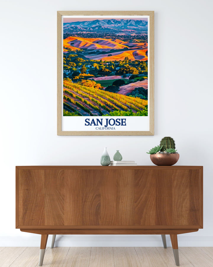 Bring Californias natural beauty into your home with this artwork of San Jose. The poster features the tranquil Almaden Valley and the stunning Santa Cruz Mountains, making it a great addition to any space that celebrates nature and city life.