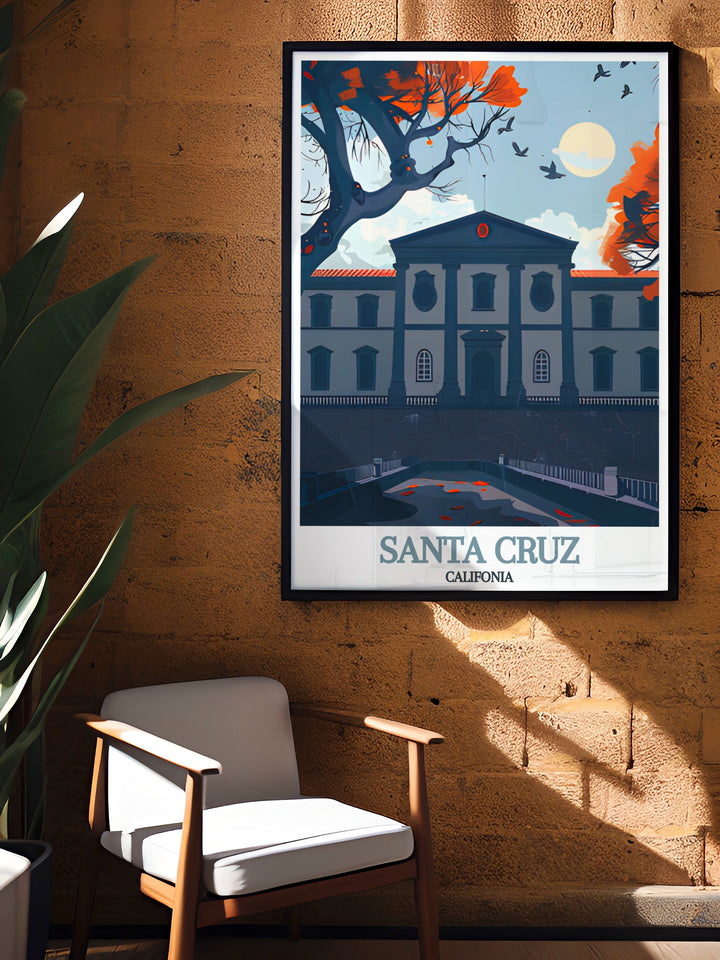 Modern California print featuring the charm of Santa Cruz. Museo de la Naturaleza y el Hombre stunning artwork adds depth and beauty to any living space making it an ideal decor piece or California gift for travelers and coastal art enthusiasts.