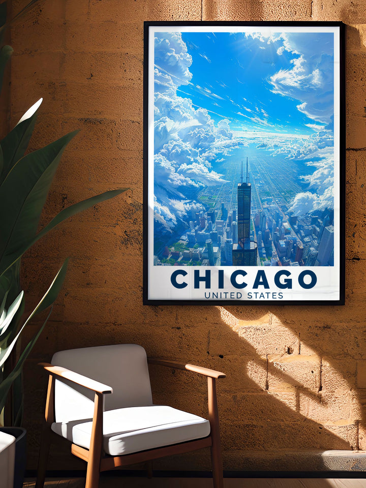 Beautiful Willis Tower vintage print featuring the Chicago skyline perfect for enhancing your home decor with unique and personalized gifts for any occasion.