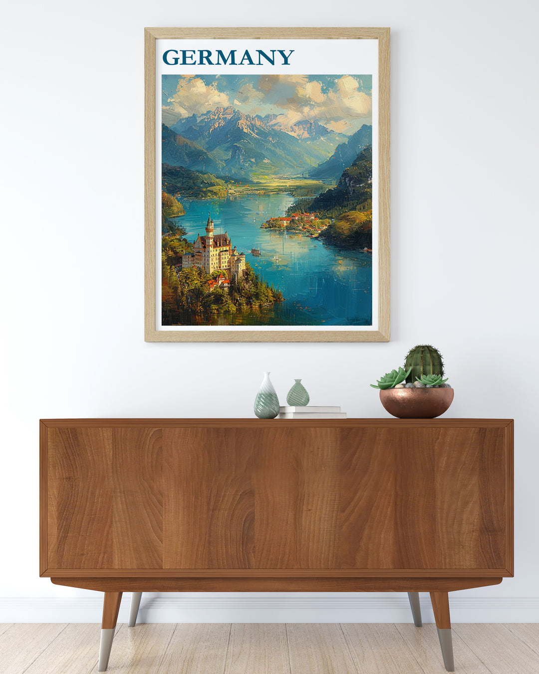 Travel to the heart of Germany with this poster that highlights both Neuschwanstein Castle and Berlins skyline. A must have for those who appreciate architecture, culture, and history.