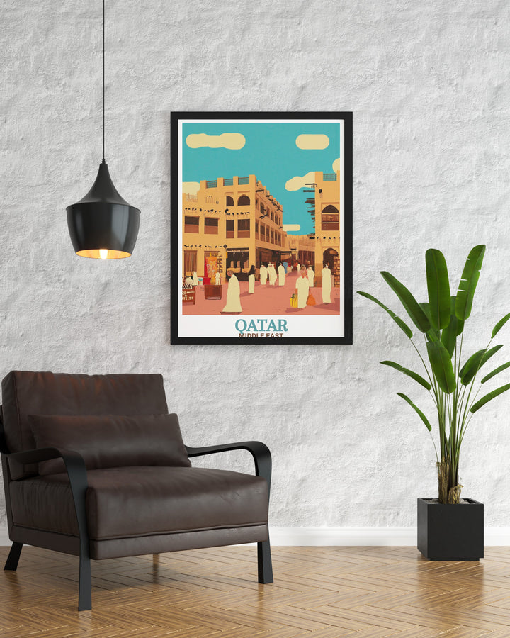 Qatars Souq Waqif depicted in a high quality art print. This travel poster captures the essence of the marketplace, from its winding alleys to the colorful displays of goods, making it a unique wall art piece for any space.