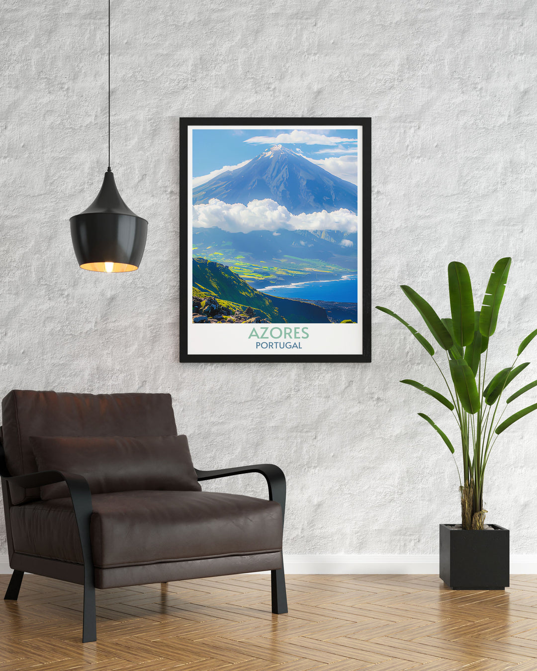 Azores poster featuring the iconic silhouette of Mount Pico against Pico Islands lush scenery, perfect for adding drama to your decor.