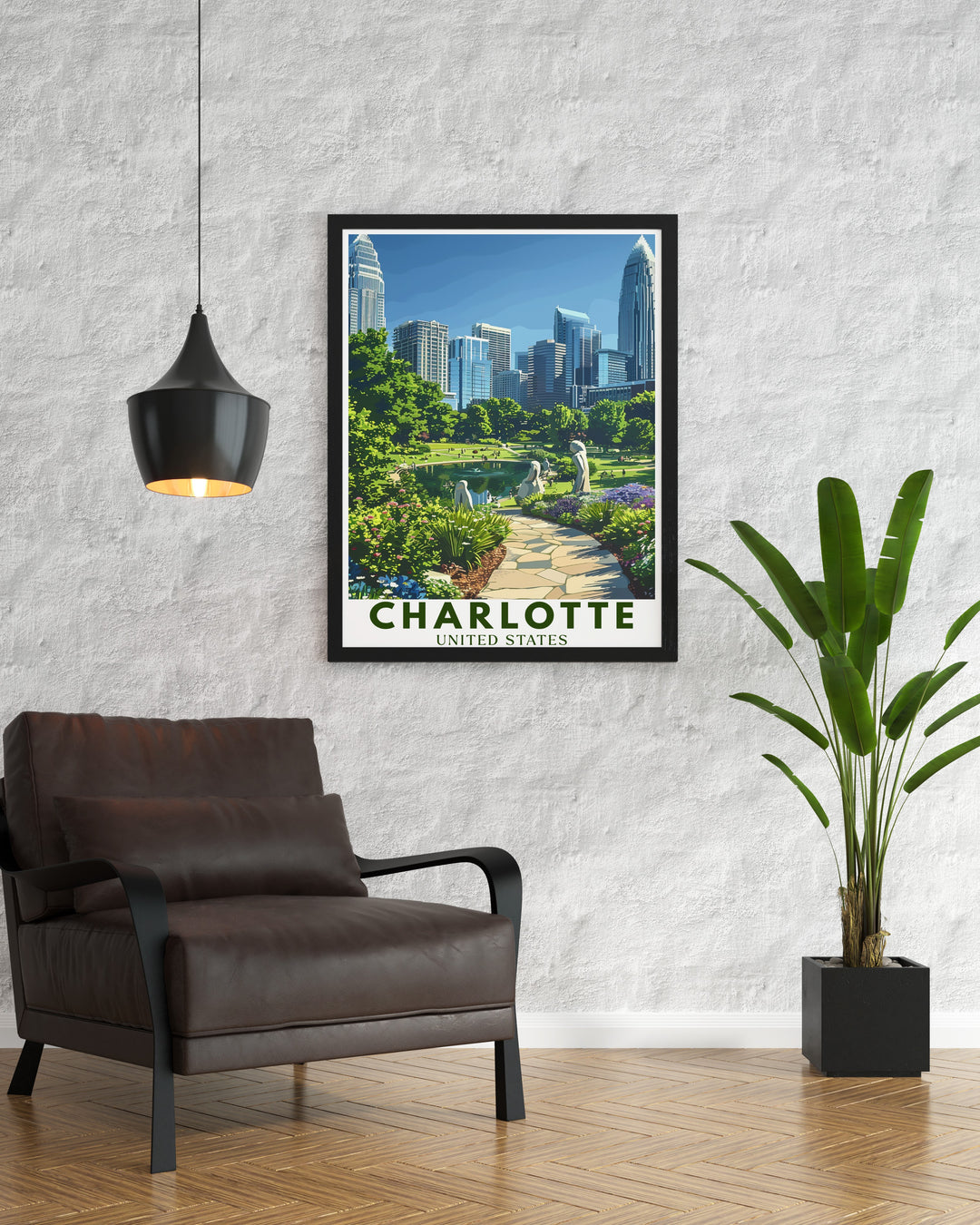 This Charlotte poster print highlights the vibrant Romare Bearden Park, nestled within the citys bustling urban environment and framed by the towering Bank of America Corporate Center. The fine line details and colorful design make this travel print a stunning addition to your home decor, showcasing Charlottes perfect blend of nature and modern architecture. Perfect for art lovers, this print celebrates the Queen Citys charm.