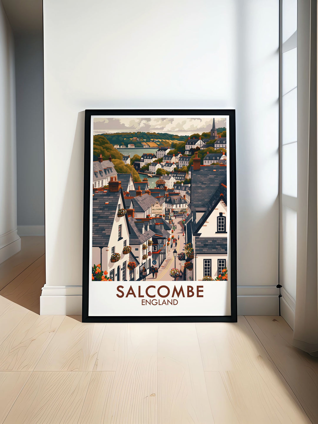 The Salcombe Town Centre seaside poster showcases the picturesque beauty of Salcombe Devon with vibrant colors and a stunning vintage travel print design