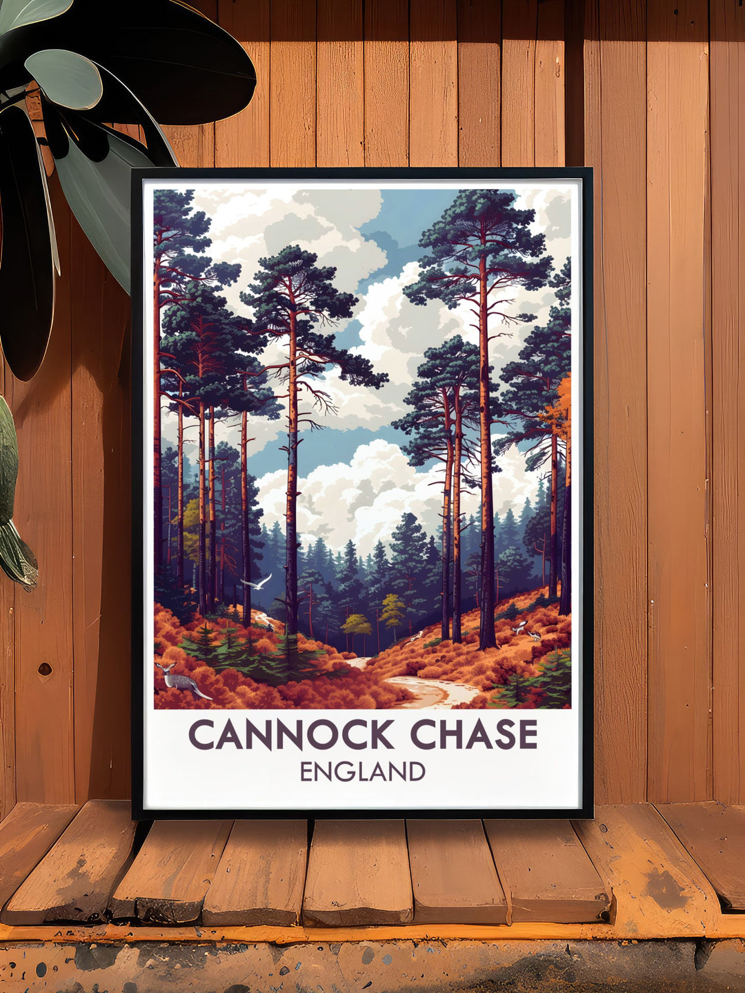 The Chase vintage print brings a classic touch to your decor. Featuring the lush woodlands and diverse wildlife of Cannock Chase, this artwork is perfect for those who love British nature. An ideal gift for nature lovers and outdoor enthusiasts.