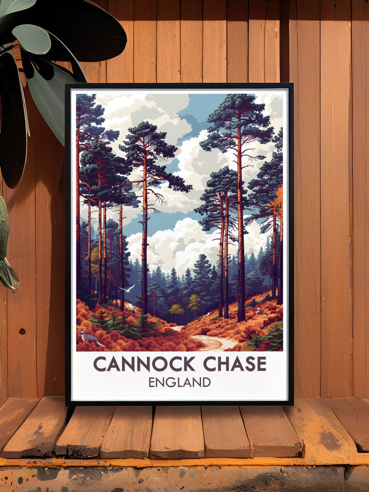 The Chase vintage print brings a classic touch to your decor. Featuring the lush woodlands and diverse wildlife of Cannock Chase, this artwork is perfect for those who love British nature. An ideal gift for nature lovers and outdoor enthusiasts.
