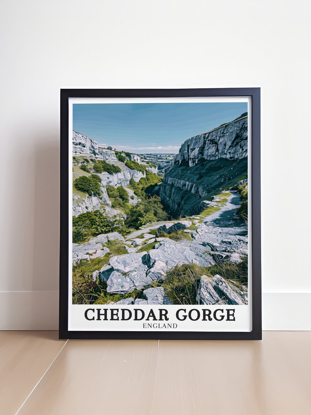 Mendip Hills framed art featuring Cheddar Gorge and the Cheddar Yeo River, ideal for those who appreciate the raw beauty of Englands natural landscapes, a perfect gift for travelers and explorers.