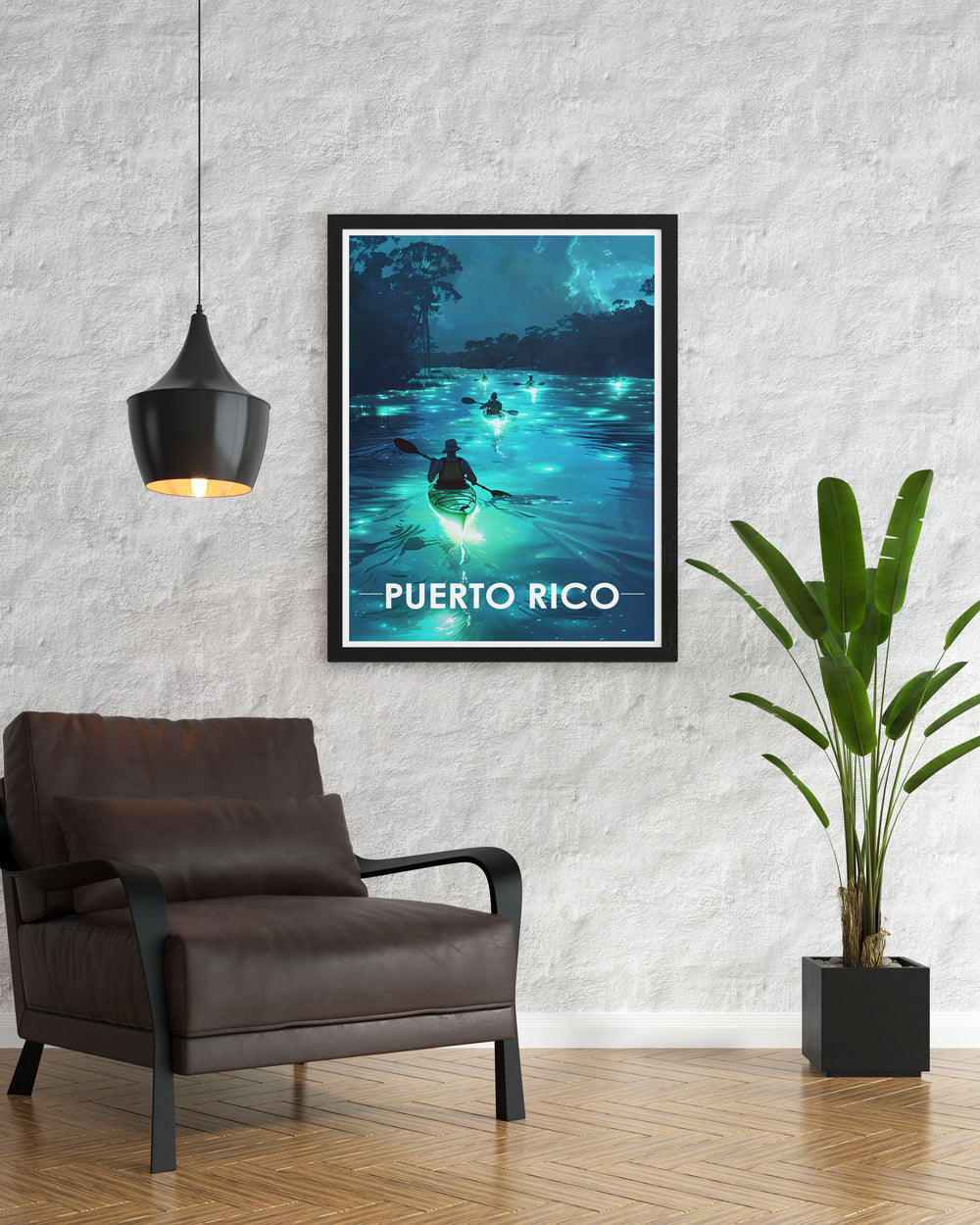 Stunning Arecibo vintage poster highlighting the mesmerizing Bioluminescent Lakes. Ideal as a personalized gift or unique art piece, this travel poster print brings the magical beauty of Arecibo to life, perfect for any art lovers home or office space.