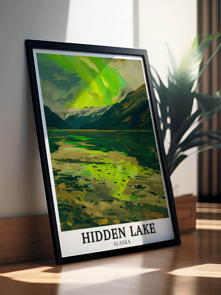 Hidden Lake wall art offering a peaceful depiction of Alaskas quiet landscapes. This framed art piece highlights the serenity of Hidden Lake with its calm waters and natural beauty, making it a perfect addition to any room that seeks tranquility and connection to nature.