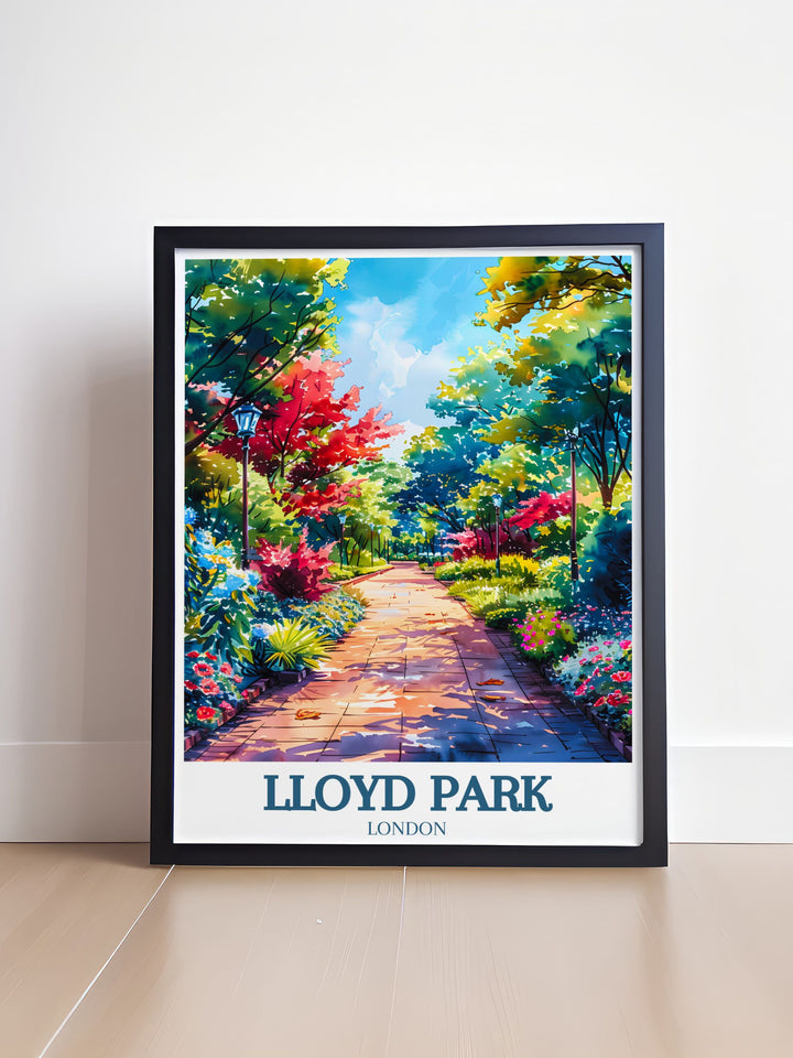 Captivating East London print of Lloyd Park showcasing the serene rose garden. Ideal for those who love Walthamstow London and its artistic heritage. A beautiful addition to your bucket list prints collection. Enhance your space with this timeless artwork.