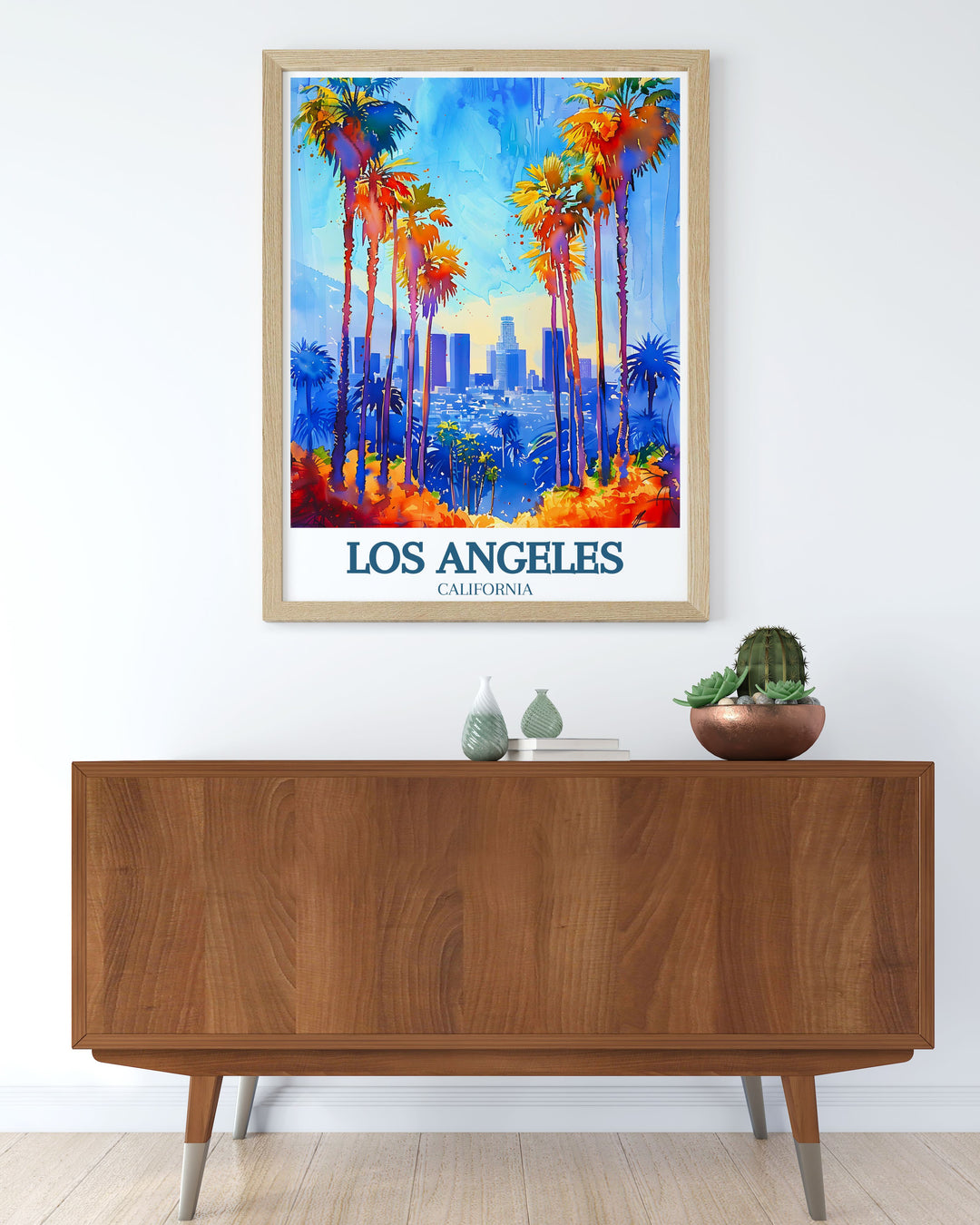 Enhance your decor with this Downtown skyline travel print showcasing the dynamic beauty of Los Angeles an excellent gift for art lovers and travel enthusiasts capturing the essence of the city in a high quality artwork