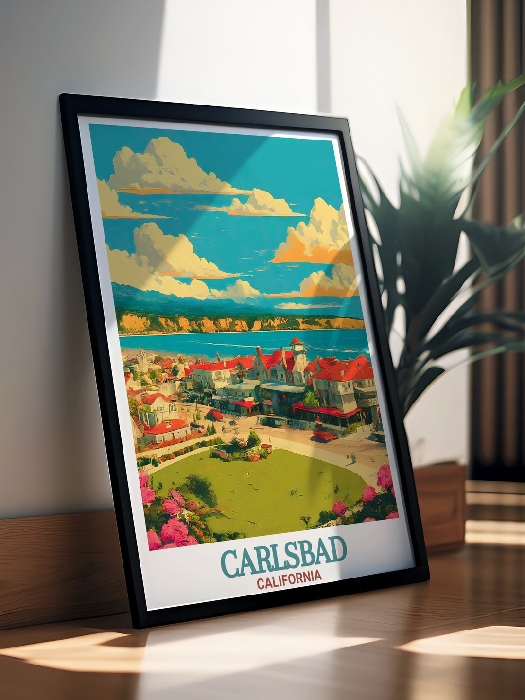 Celebrate the vibrant energy of Carlsbad Village with this travel poster, perfect for home decor or as a gift for travelers. The artwork reflects the sunny California coast, bringing a touch of the Pacific to your living room or bedroom.