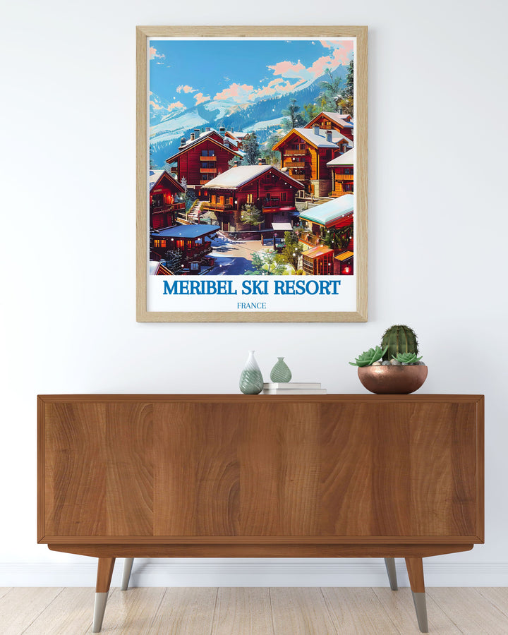 Modern Meribel Village print showcasing the beauty of the ski resort. This stunning poster combines contemporary art with classic alpine scenery, making it a perfect addition to your home or office.