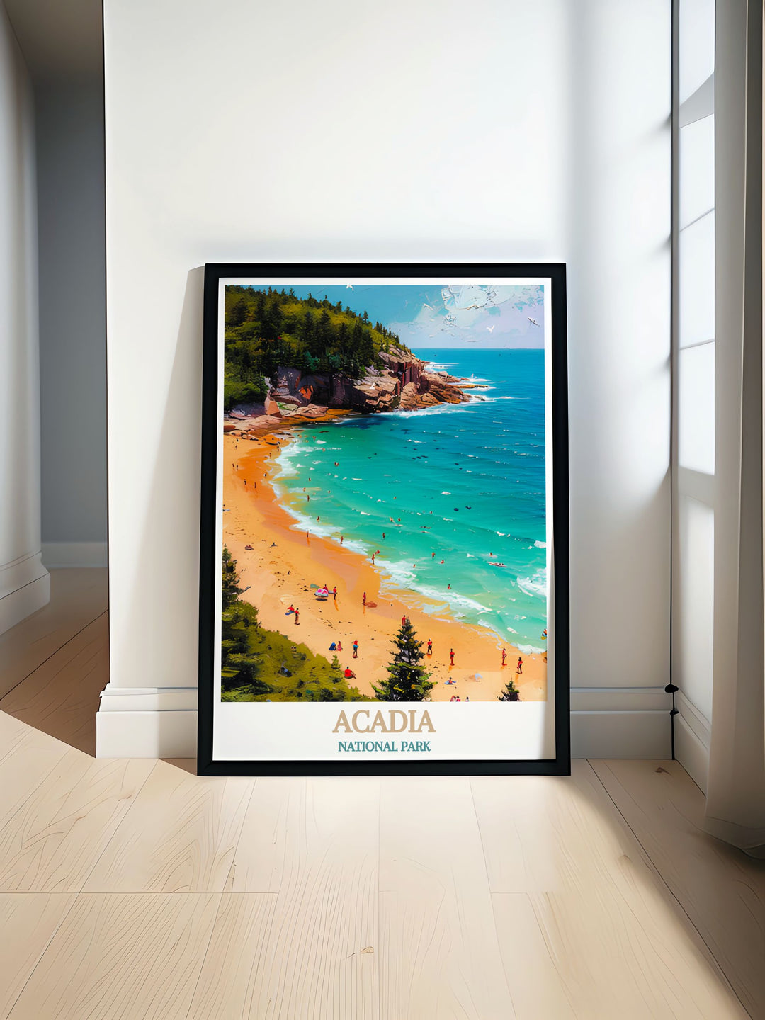 Acadia National Park print showcasing the serene beauty of Sand Beach perfect for nature lovers who appreciate national park wall art and vintage travel posters ideal for enhancing home decor with a touch of natural serenity and timeless charm.