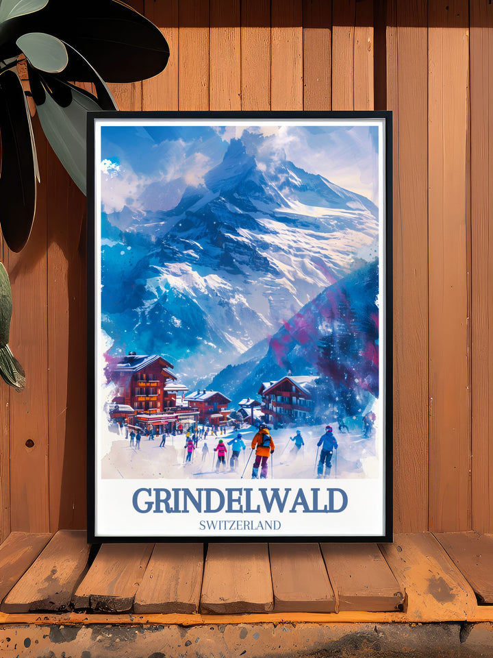 Highlighting the dynamic energy of the Jungfrau Ski Region, this travel poster showcases the thrilling activities and breathtaking views of the Swiss Alps, making it a captivating addition to any room.