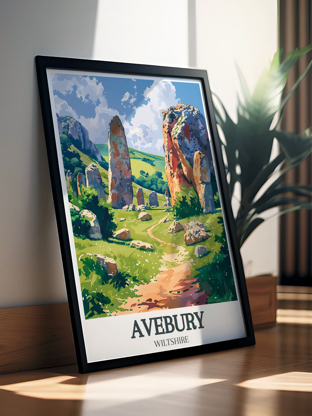 Avebury Stone Circles ancient stones and the verdant North Wessex Downs are illustrated in this travel poster, offering a perfect blend of history and natural beauty.