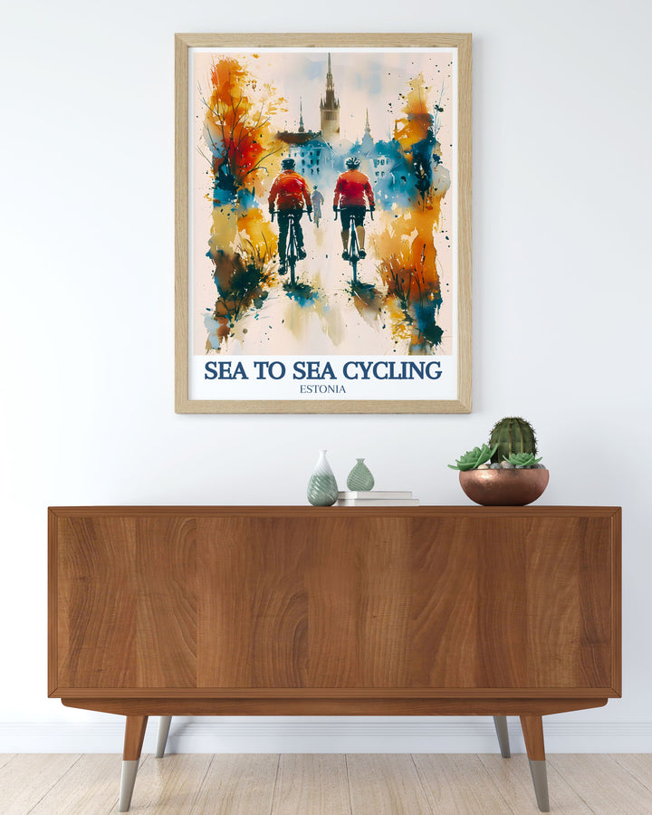 Experience the thrill of the Sea to Sea Cycling Route and the enchanting Old Town of Tallinn with this detailed poster, highlighting the scenic views from Englands Lake District to the medieval streets of Estonia, ideal for any cycling themed home decor.