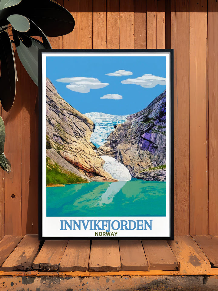 Modern art print of Briksdalsbreen Glacier capturing the majestic fjord cliffs and Nordic beauty of Norway nature perfect for any room