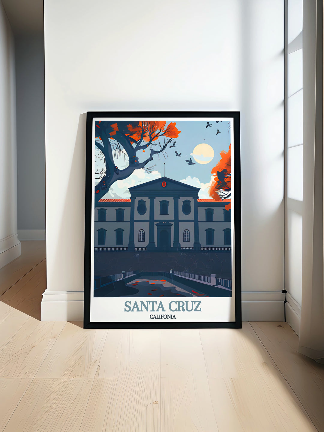 California travel print featuring Santa Cruz and Museo de la Naturaleza y el Hombre designed to elevate home decor with a coastal theme. Perfect for adding charm and elegance to any living room or as a thoughtful California gift for art lovers.