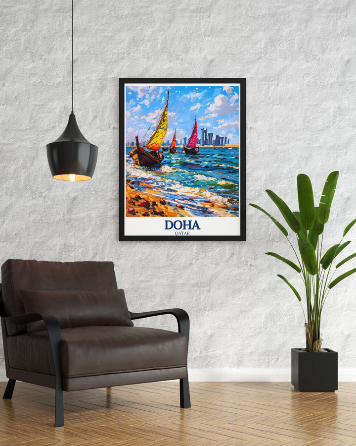 The vibrant cityscape of Doha is captured in this wall print, featuring the citys architectural marvels against the backdrop of its cultural heritage, perfect for adding a modern touch to your home.