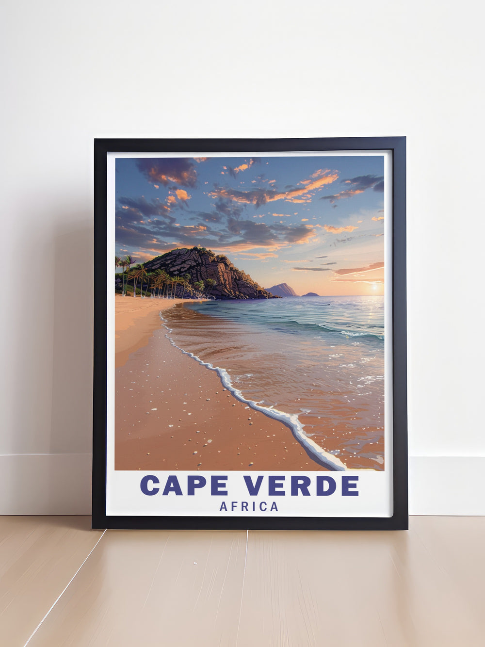 Featuring the picturesque Santa Maria Beach in Cape Verde, this travel print celebrates the islands natural beauty with its vibrant colors and detailed design. Ideal for those who love coastal scenery, this artwork adds a touch of Africas beaches to your décor.