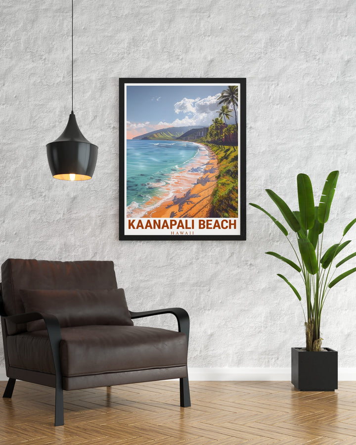 Hawaii canvas print featuring the breathtaking Kaanapali Beach. This travel poster captures the warm sands, clear waters, and lush palm trees, perfect for anyone who wants to bring the feel of a Hawaiian escape into their home décor.