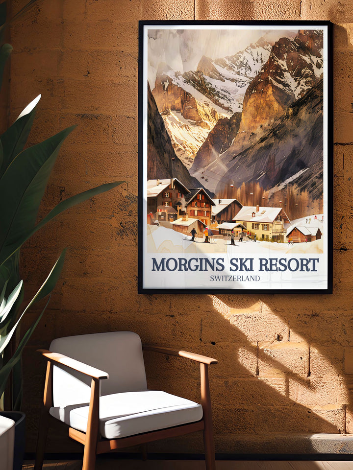 Bring the rugged beauty of the Swiss Alps into your home with this Tête du Géant Canvas Art. Featuring the famous peak and the scenic Morgins Ski Resort, this print is perfect for anyone who appreciates the majesty of Alpine landscapes and winter sports.