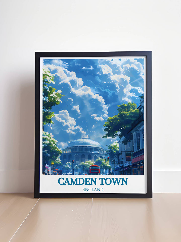 Beautiful vintage travel print showcasing The Roundhouse in Camden Town London an ideal piece for art lovers and travel enthusiasts who appreciate the charm and history of Londons iconic cultural hubs.
