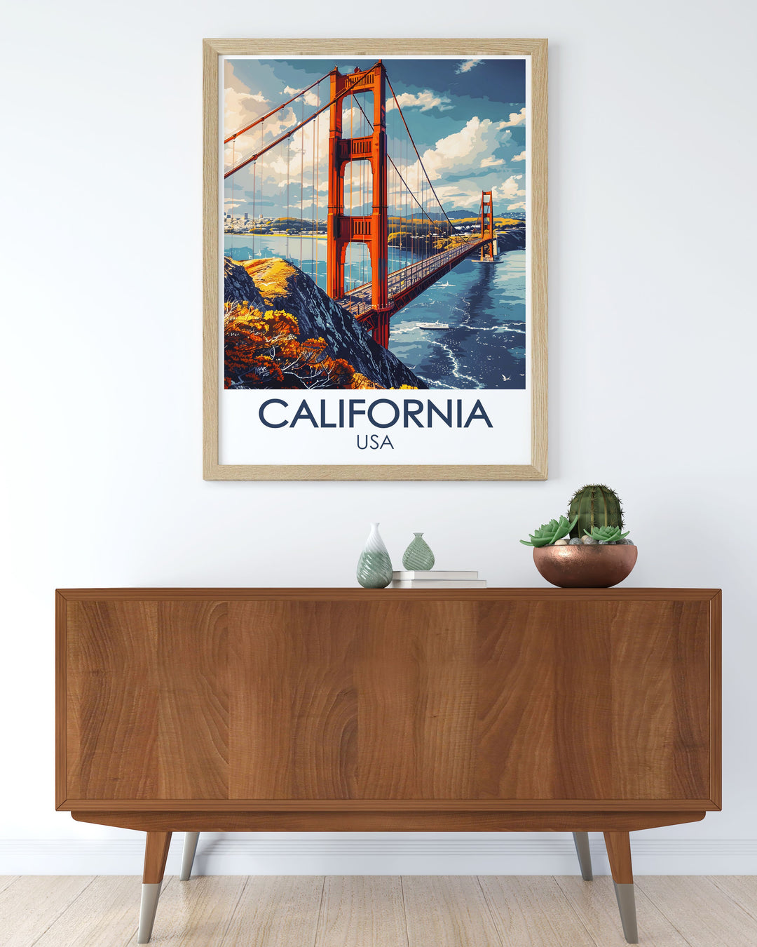 This travel poster captures the iconic Golden Gate Bridge in California, showcasing its majestic structure and vibrant International Orange color against the scenic backdrop of San Francisco Bay. Perfect for adding a touch of architectural beauty to your home decor.