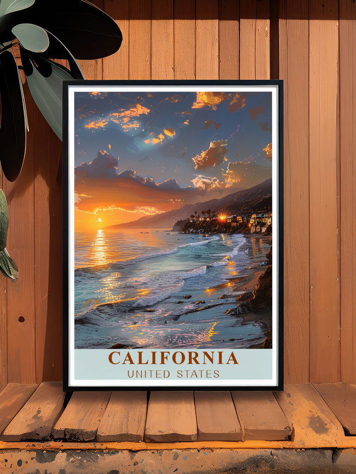 California travel poster print of Malibu a detailed and vibrant depiction of the beach towns stunning scenery perfect for enhancing your living space with a piece of Californias coastal allure ideal for travel lovers and art enthusiasts
