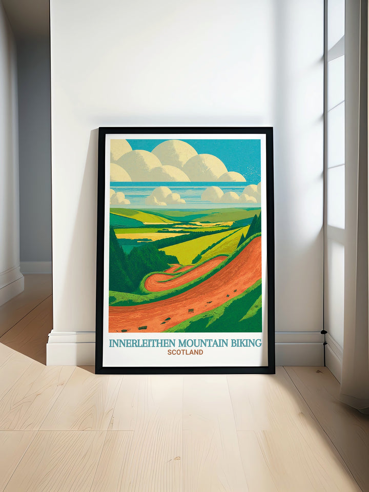 This Innerleithen poster print captures the excitement of mountain biking at the iconic Innerleithen Red Bull Downhill Track, known for its thrilling descents and rugged terrain. Perfect for cyclists and adventure lovers, this travel print brings the heart of Scotlands MTB culture into your home decor.