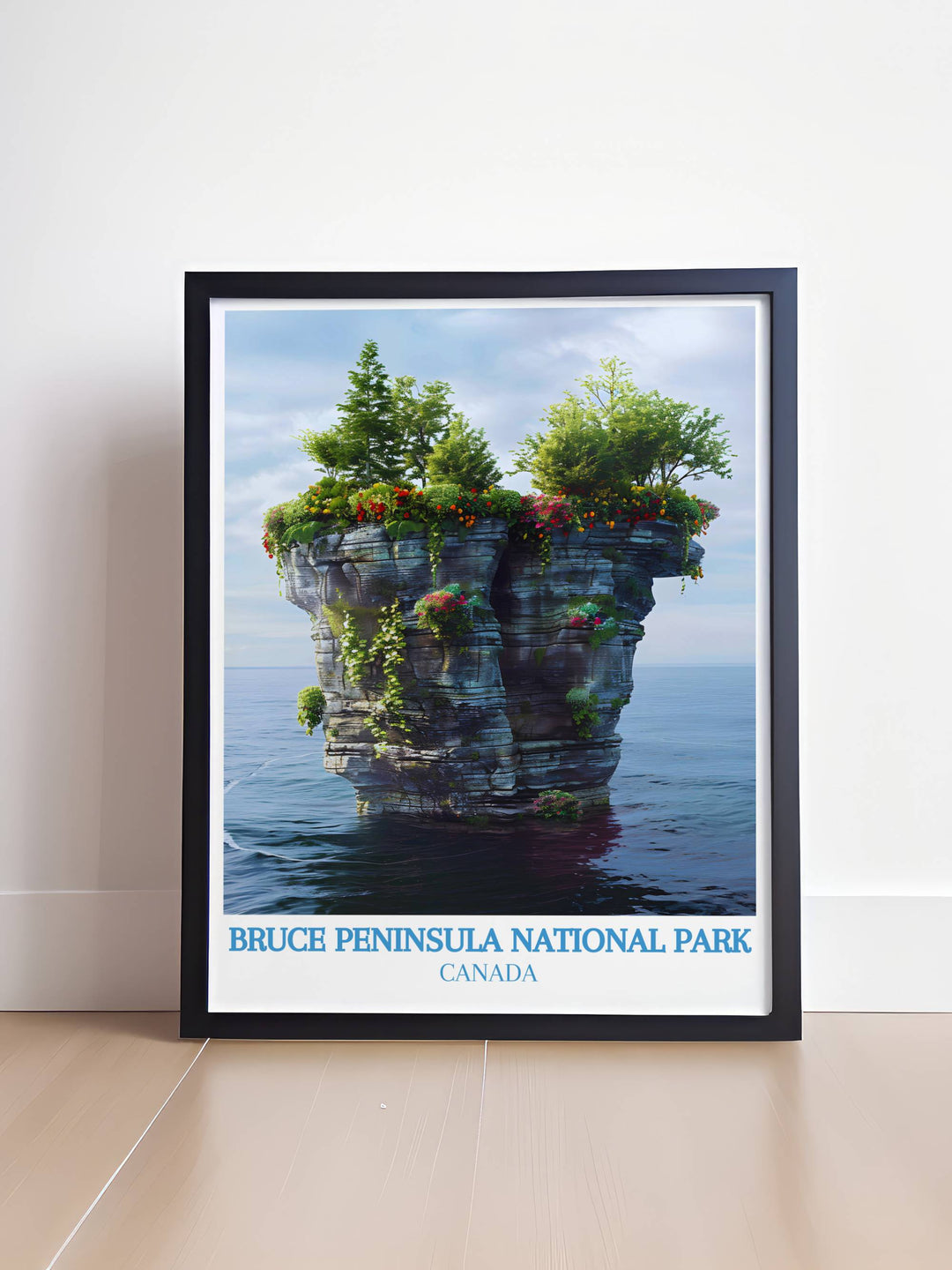 The Flowerpot Island Travel Poster featuring vibrant colors and intricate details of this iconic destination in Canada making it an ideal addition to any Cottagecore Decor collection and a stunning piece of wall art
