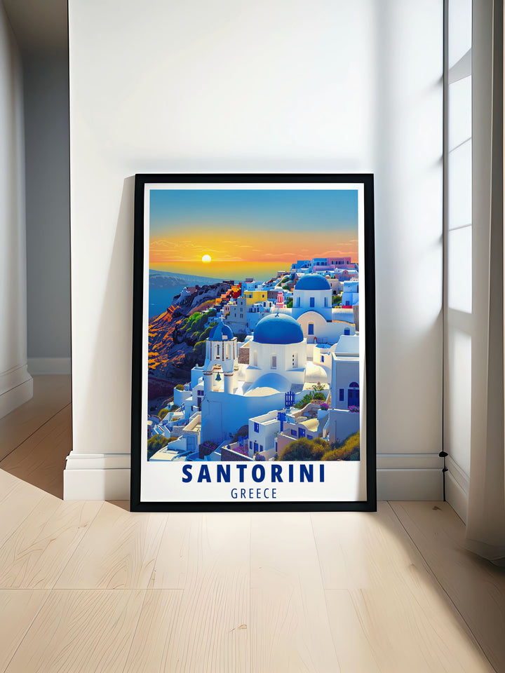 Celebrate the charm of Santorini with this poster of Oia, showcasing its unique landscape and vibrant atmosphere. Ideal for any travel enthusiasts decor.