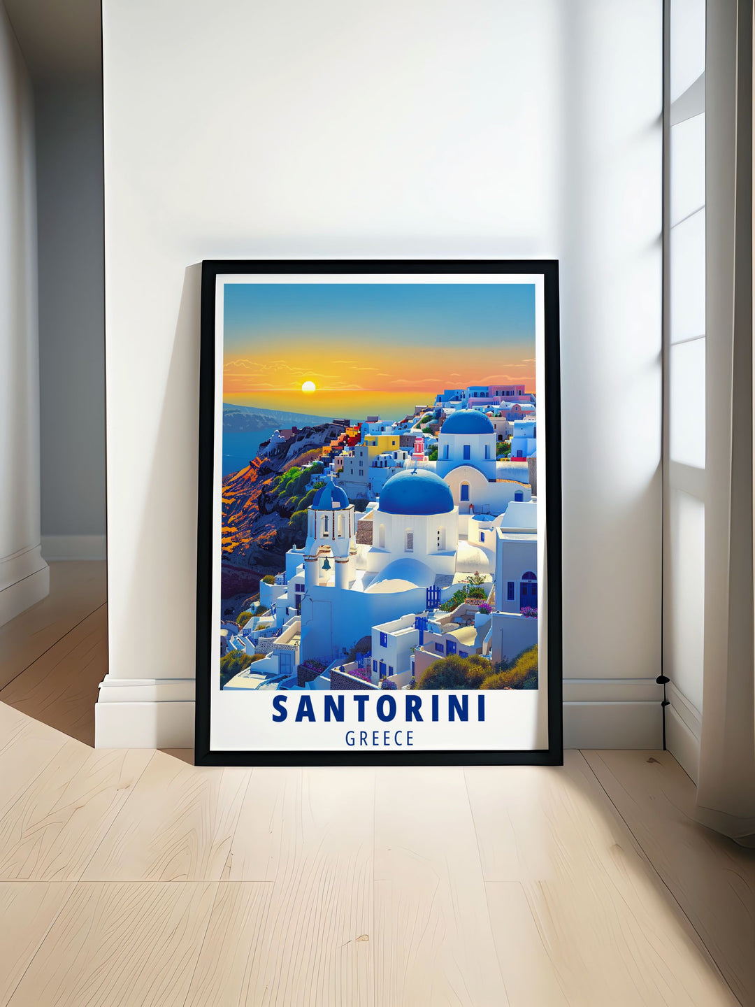 Capturing the elegance of Oia, Santorini, this canvas print features the iconic blue domed churches and whitewashed houses nestled along the cliffs. A perfect addition to any home, this print offers a glimpse into the beauty of the Greek islands.