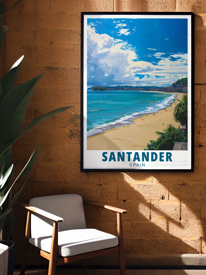 Elegant home decor inspired by Playa del Sardinero in Santander offers a modern twist on traditional beach art perfect for those who appreciate Spanish landscapes and want to bring the beauty of Spains coastline into their living space.